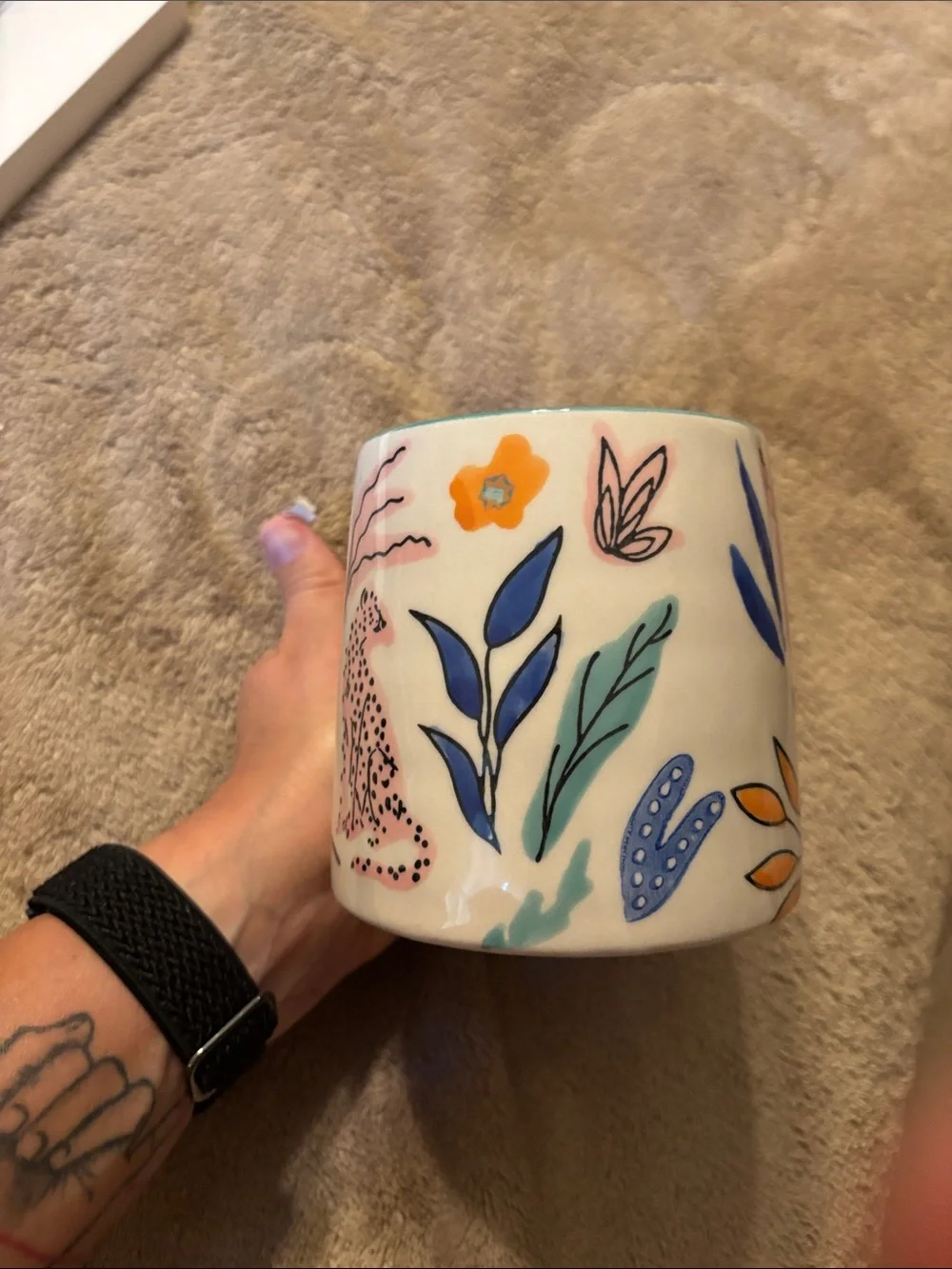 Hand-Painted Ceramic Mug with Pink Leopard & Floral Motif